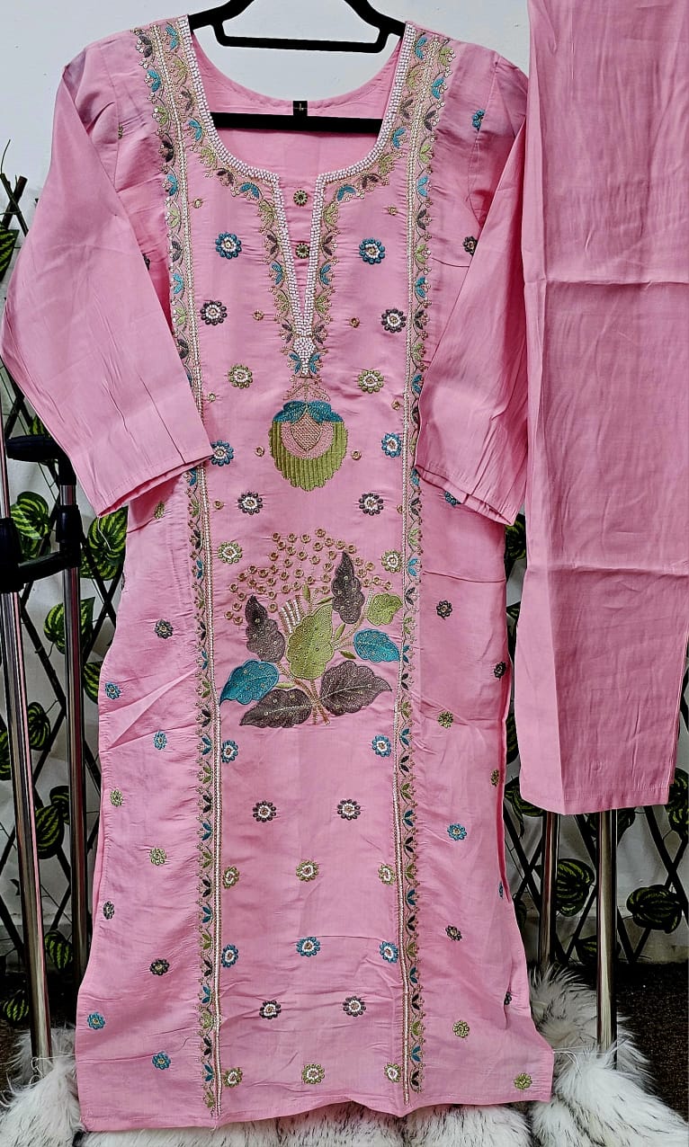 Women's Pink Ethnic Kurta Set with Multi-Color Thread Embroidery & Organza Dupatta | Festive Ready-to-Wear