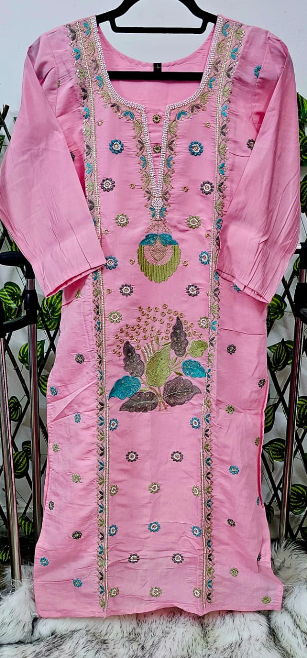 Women's Pink Ethnic Kurta Set with Multi-Color Thread Embroidery & Organza Dupatta | Festive Ready-to-Wear