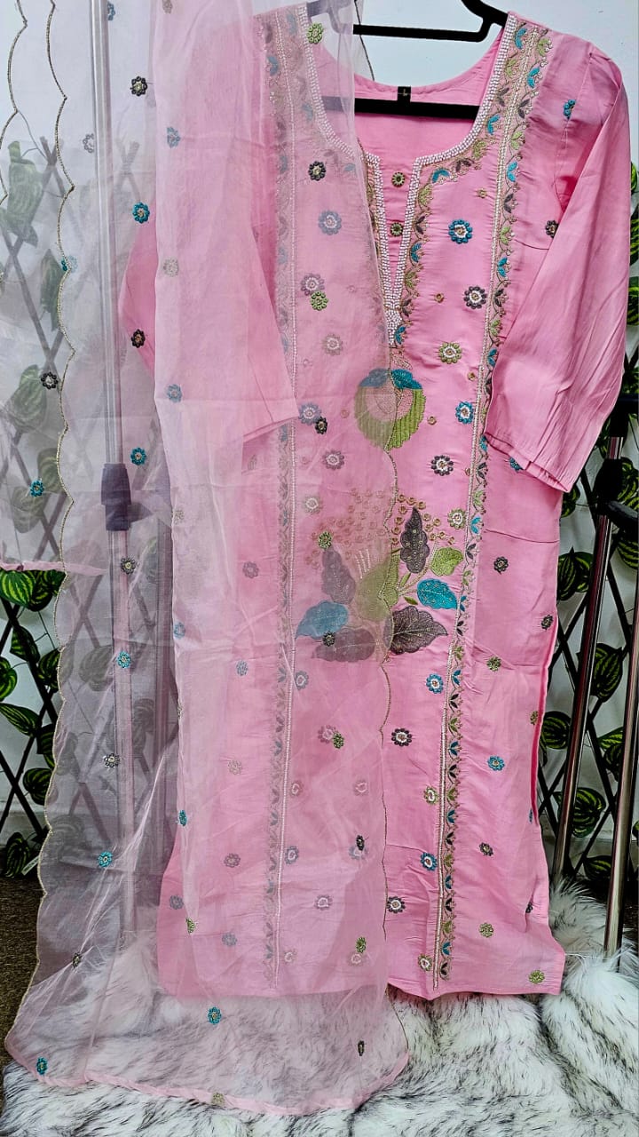 Women's Pink Ethnic Kurta Set with Multi-Color Thread Embroidery & Organza Dupatta | Festive Ready-to-Wear