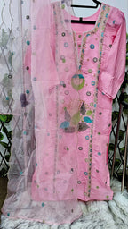 Women's Pink Ethnic Kurta Set with Multi-Color Thread Embroidery & Organza Dupatta | Festive Ready-to-Wear