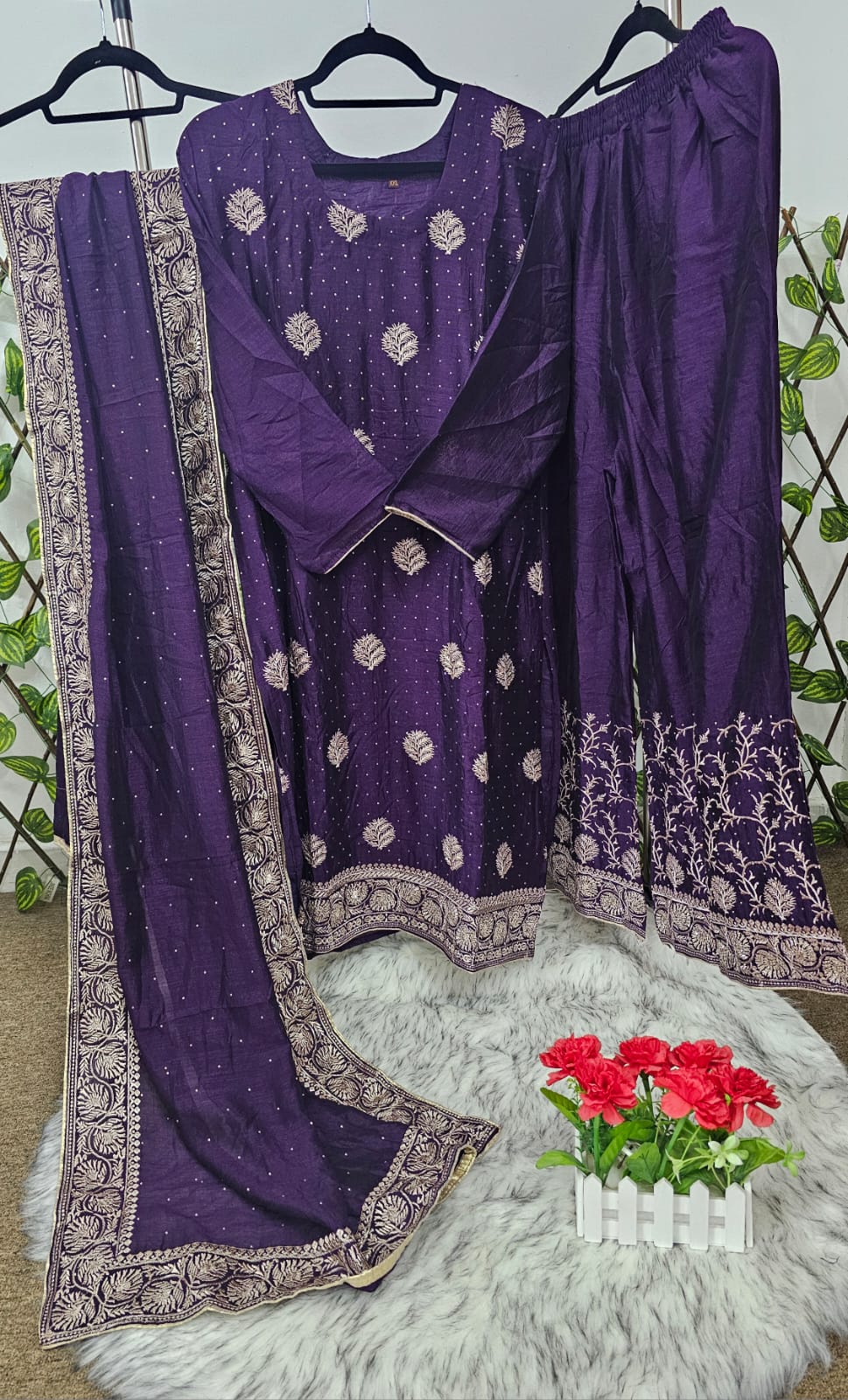 Women's Purple Silk Blend Kurta Set with Gold Zari Embroidery | 3-Piece Festive Palazzo Suit