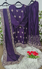 Women's Purple Silk Blend Kurta Set with Gold Zari Embroidery | 3-Piece Festive Palazzo Suit