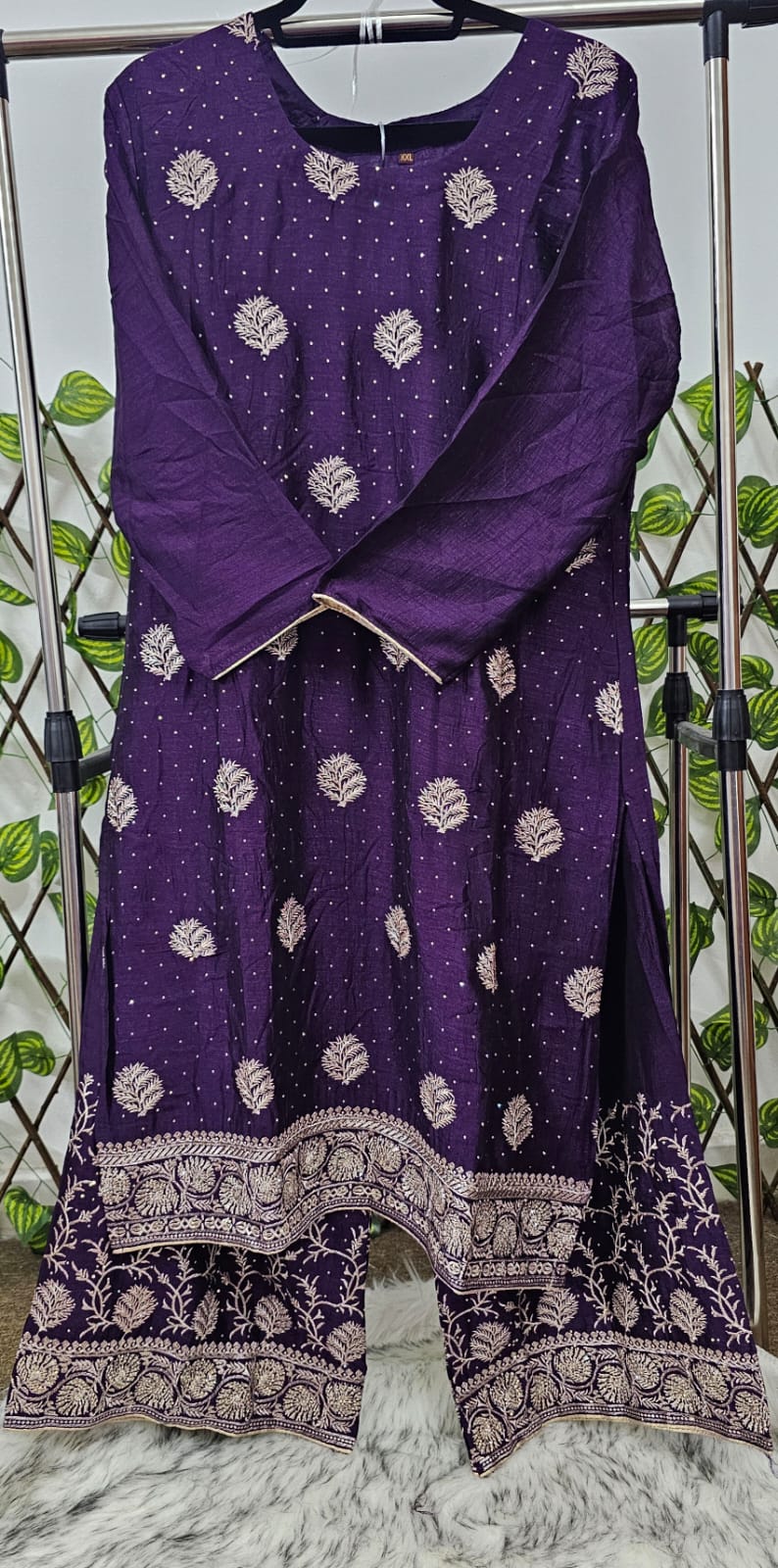 Women's Purple Silk Blend Kurta Set with Gold Zari Embroidery | 3-Piece Festive Palazzo Suit