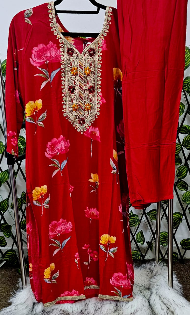 Women's Red Floral Printed Rayon Kurta with Embroidered Yoke & Dupatta | 3-Piece Festive Set