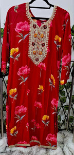 Women's Red Floral Printed Rayon Kurta with Embroidered Yoke & Dupatta | 3-Piece Festive Set
