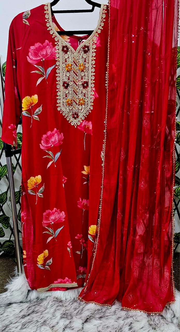 Women's Red Floral Printed Rayon Kurta with Embroidered Yoke & Dupatta | 3-Piece Festive Set