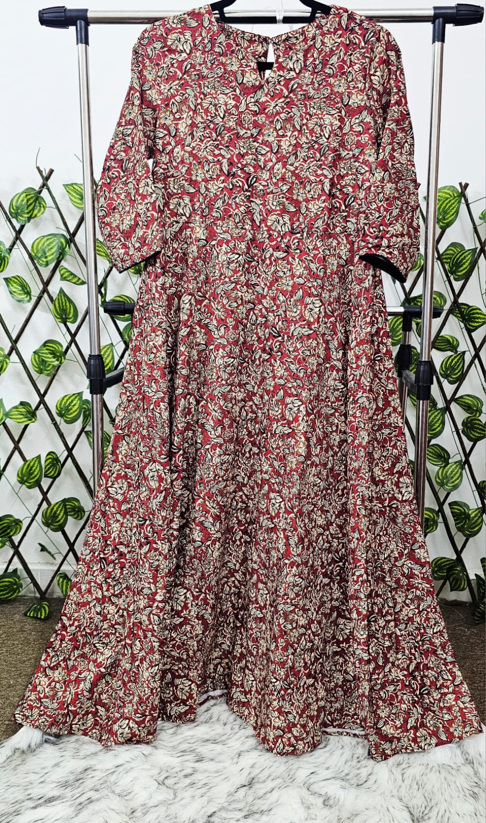 Rustic Red &amp; Beige Floral Anarkali Suit Set