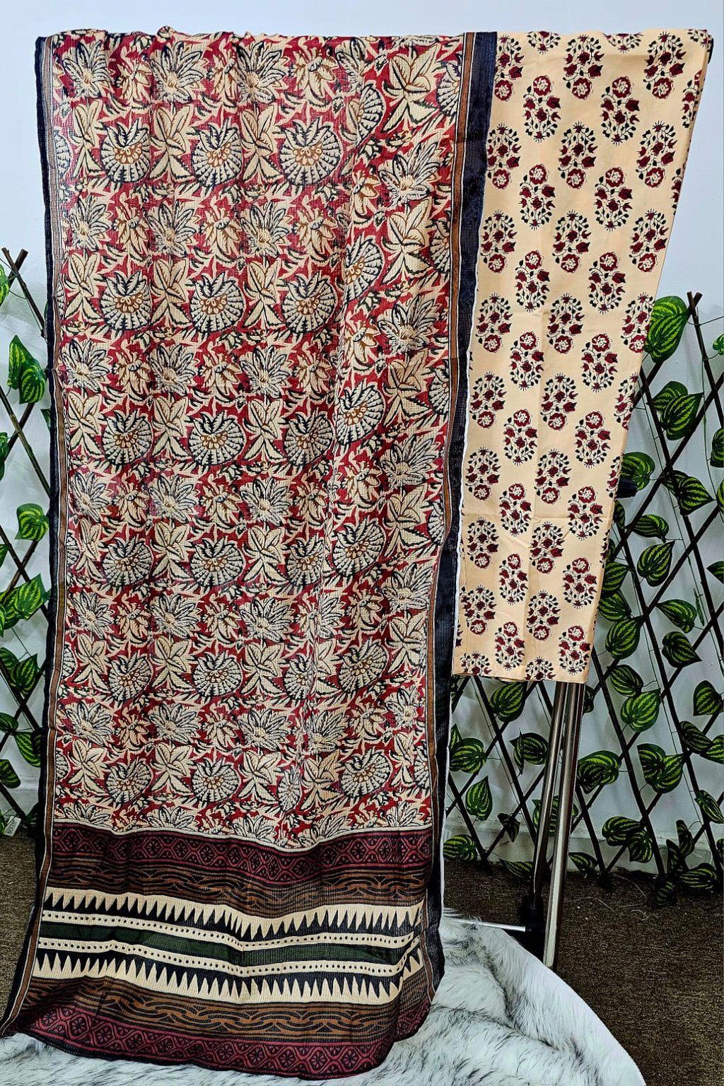 Rustic Red &amp; Beige Floral Anarkali Suit Set