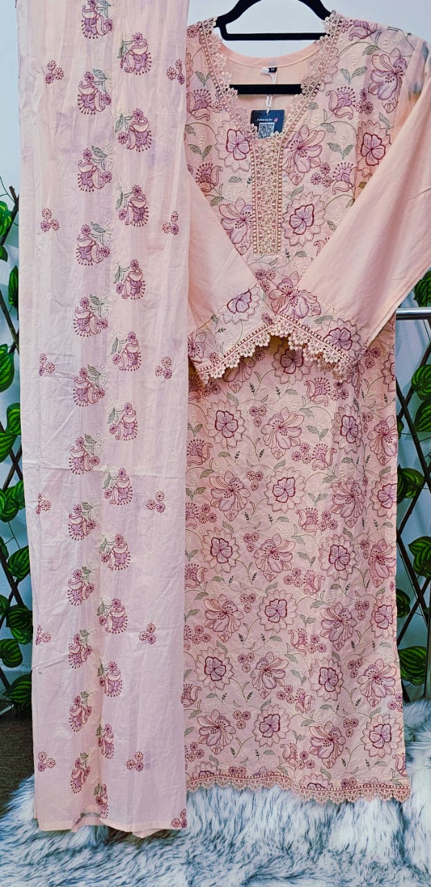 Women's Peach Floral Embroidered Cotton Kurta with Pants and Dupatta Set | Ready to Wear Ethnic Suit Product Description: