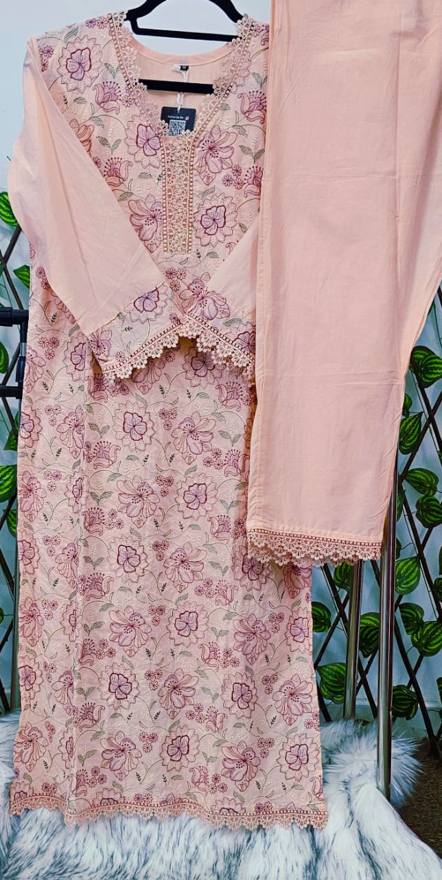 Women's Peach Floral Embroidered Cotton Kurta with Pants and Dupatta Set | Ready to Wear Ethnic Suit Product Description: