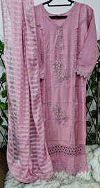 Women's Dusty Pink Embroidered & Cutwork Kurta Set with Dupatta | 3-Piece Festive Cotton Suit Product Description: