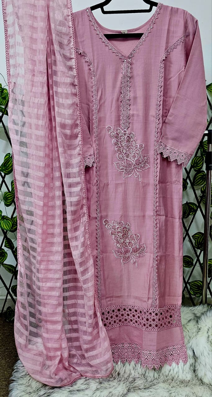 Women's Dusty Pink Embroidered & Cutwork Kurta Set with Dupatta | 3-Piece Festive Cotton Suit Product Description: