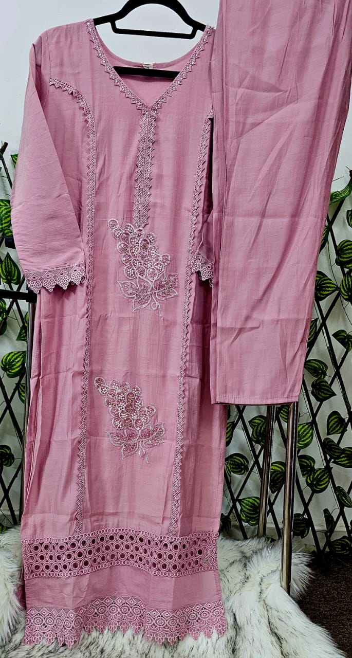 Women's Dusty Pink Embroidered & Cutwork Kurta Set with Dupatta | 3-Piece Festive Cotton Suit Product Description: