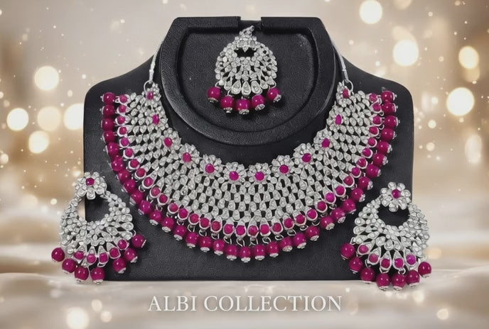 Albi Collection Royal Magenta Kundan Necklace Set with Earrings – Bridal & Party Wear Jewelry