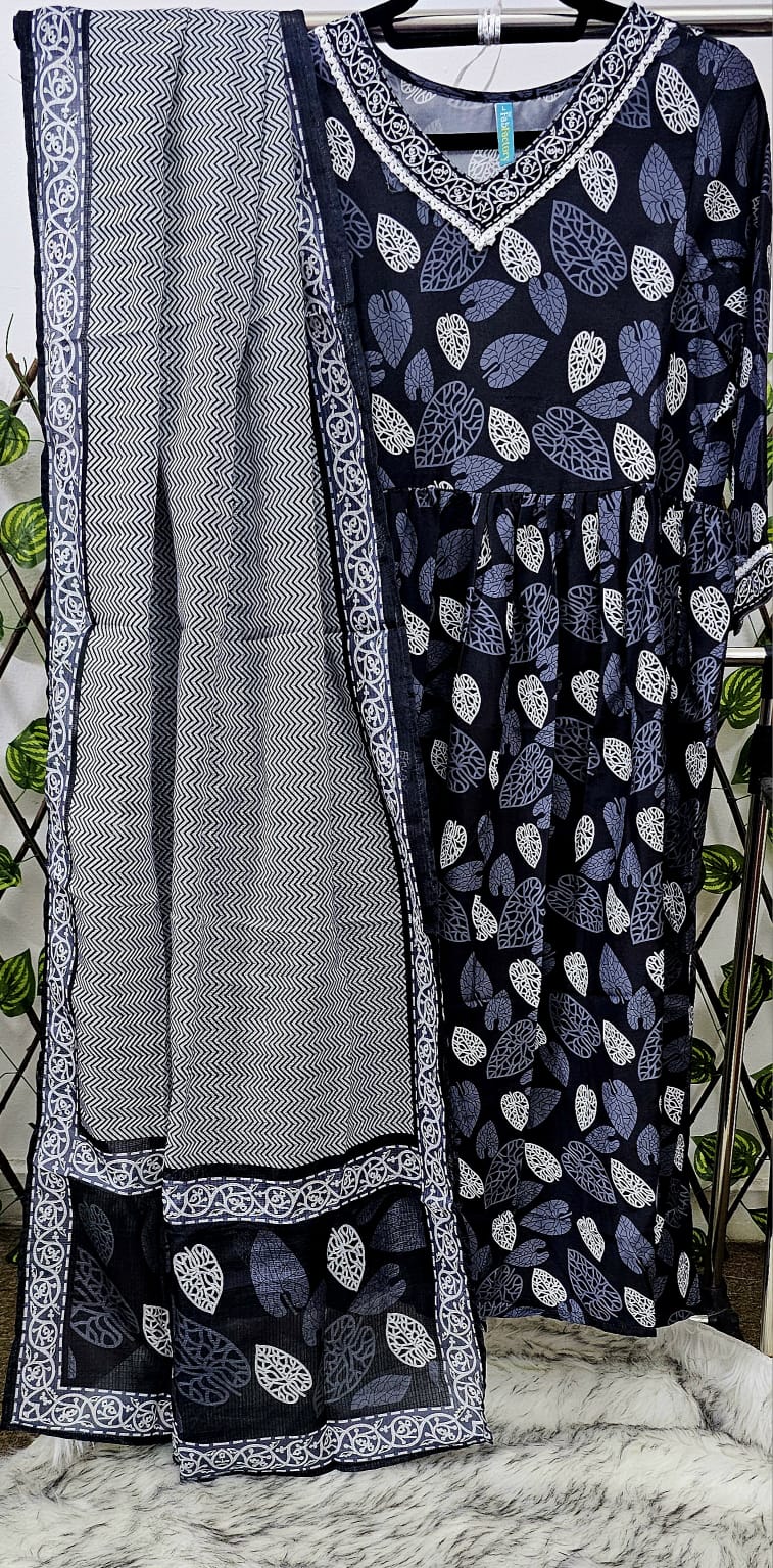 Women's 3-Piece Navy Leaf Print Kurta Set with Chevron Dupatta &amp; Trousers | Casual Indian Ethnic Wear