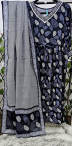 Women's 3-Piece Navy Leaf Print Kurta Set with Chevron Dupatta &amp; Trousers | Casual Indian Ethnic Wear