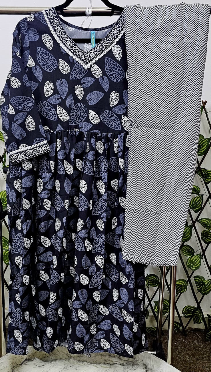 Women's 3-Piece Navy Leaf Print Kurta Set with Chevron Dupatta &amp; Trousers | Casual Indian Ethnic Wear