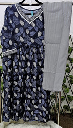 Women's 3-Piece Navy Leaf Print Kurta Set with Chevron Dupatta &amp; Trousers | Casual Indian Ethnic Wear