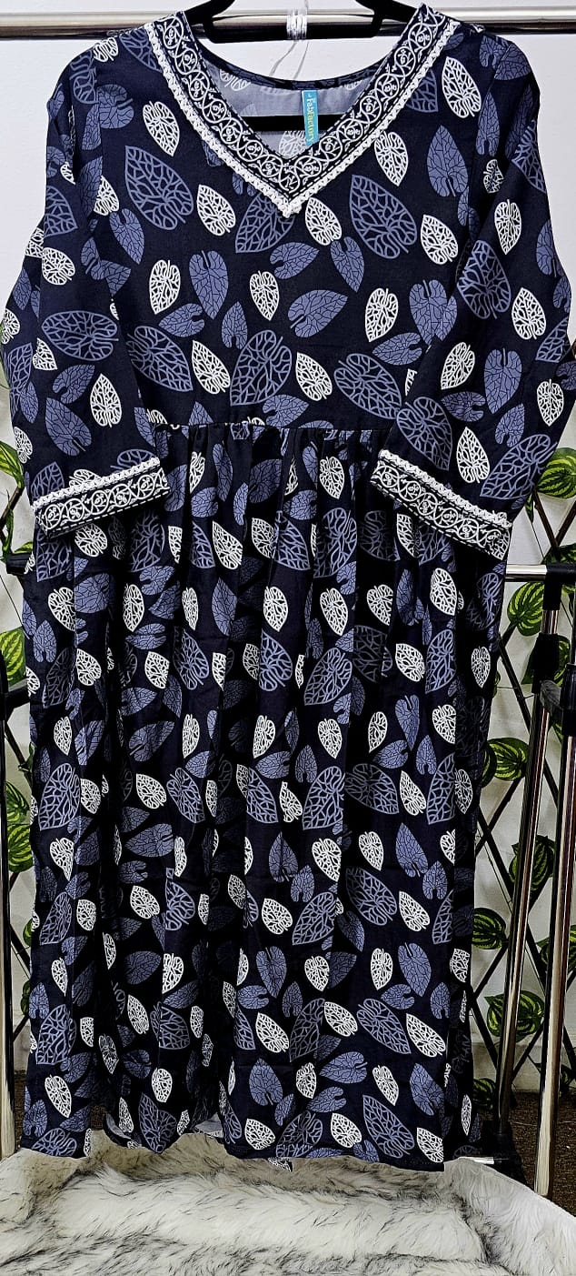 Women's 3-Piece Navy Leaf Print Kurta Set with Chevron Dupatta &amp; Trousers | Casual Indian Ethnic Wear