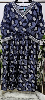 Women's 3-Piece Navy Leaf Print Kurta Set with Chevron Dupatta &amp; Trousers | Casual Indian Ethnic Wear