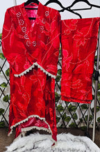 Women's 2-Piece Red Printed Kurta Set with Lace Trim &amp; Embellishments | Festive Indian Tunic and Trousers