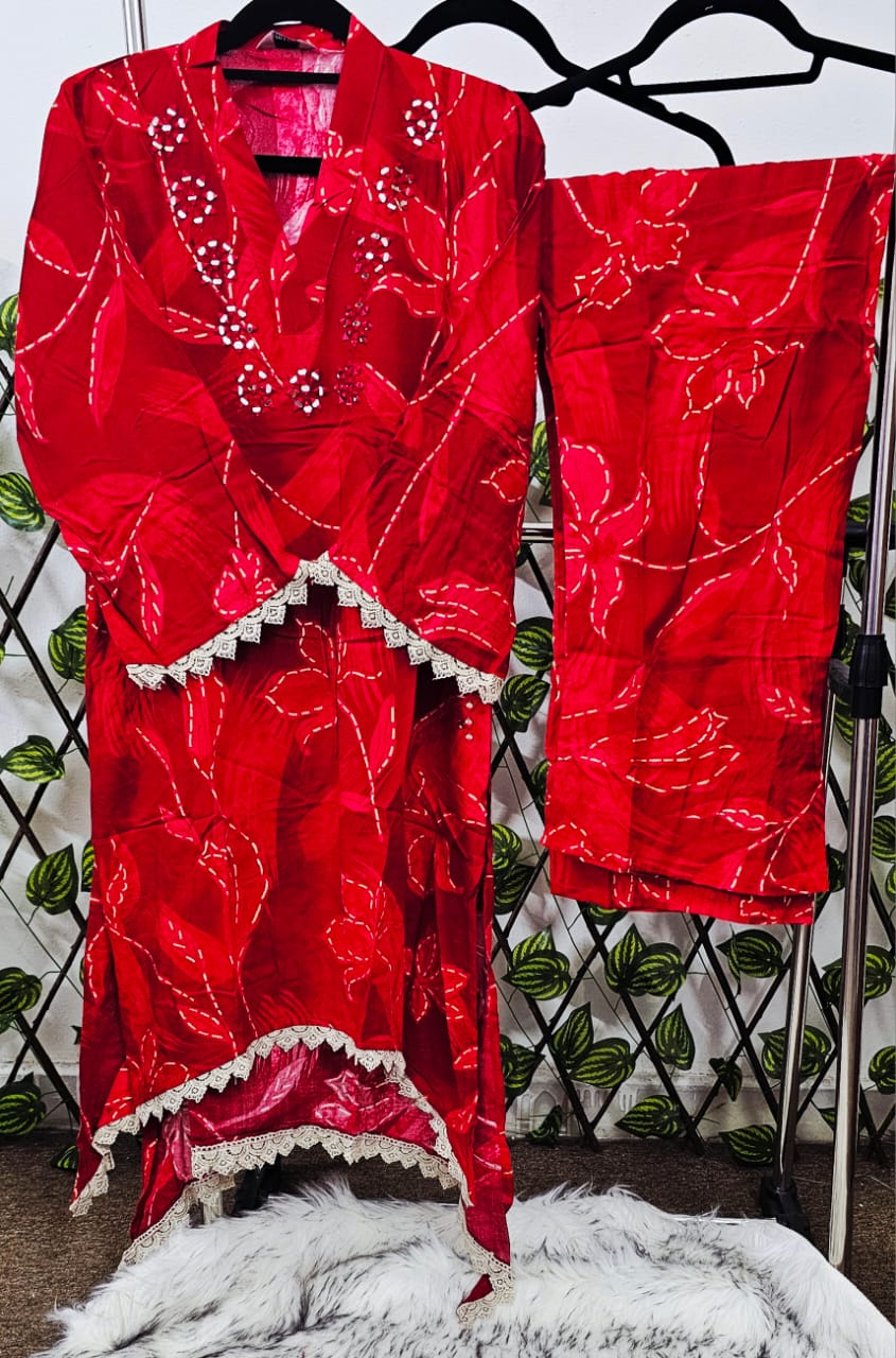 Women's 2-Piece Red Printed Kurta Set with Lace Trim &amp; Embellishments | Festive Indian Tunic and Trousers