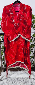 Women's 2-Piece Red Printed Kurta Set with Lace Trim &amp; Embellishments | Festive Indian Tunic and Trousers