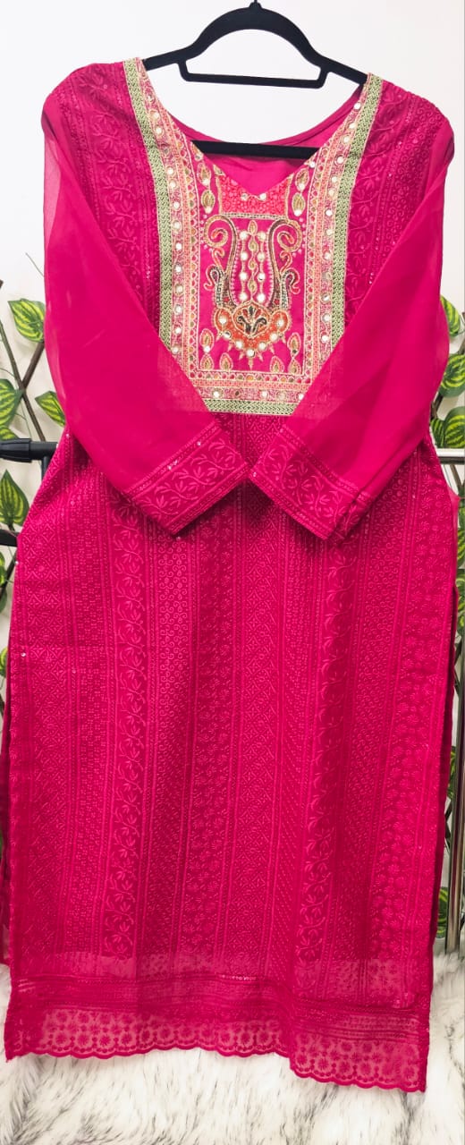 Women's Fuchsia Embroidered Kurta Suit with Heavy Work Yoke &amp; Multi-Color Patchwork Dupatta | 3-Piece Festive Set