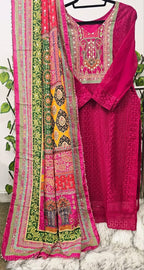 Women's Fuchsia Embroidered Kurta Suit with Heavy Work Yoke &amp; Multi-Color Patchwork Dupatta | 3-Piece Festive Set