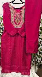 Women's Fuchsia Embroidered Kurta Suit with Heavy Work Yoke &amp; Multi-Color Patchwork Dupatta | 3-Piece Festive Set
