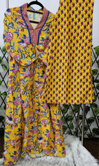 Ethnic Hand-Block Floral Print Kurta & Pant Set for Women - Yellow & Multi