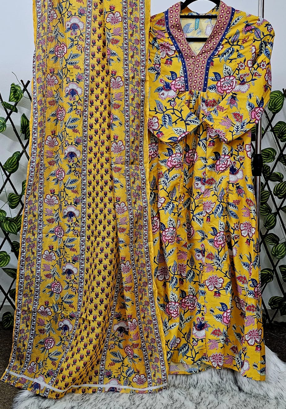 Ethnic Hand-Block Floral Print Kurta & Pant Set for Women - Yellow & Multi
