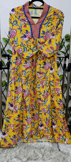 Ethnic Hand-Block Floral Print Kurta & Pant Set for Women - Yellow & Multi