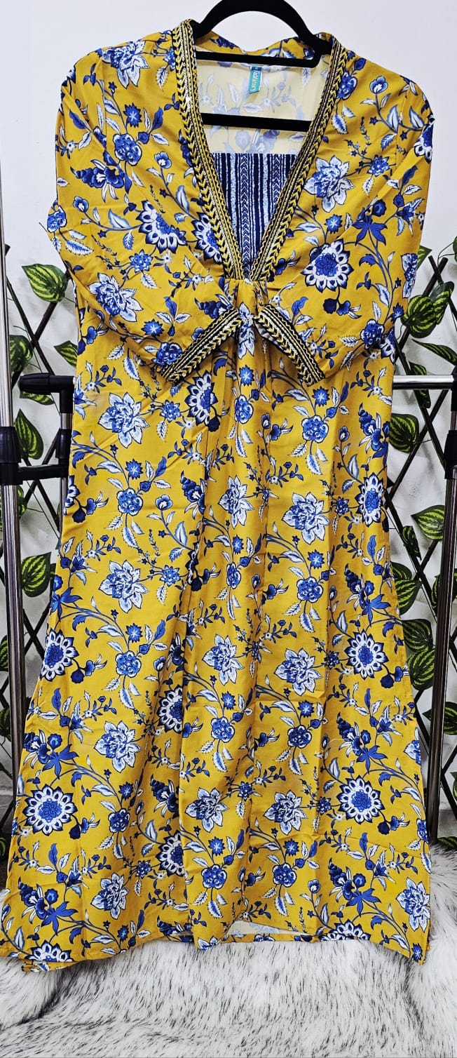 Mustard & Indigo Floral Print Cotton Kurta with Dupatta Set