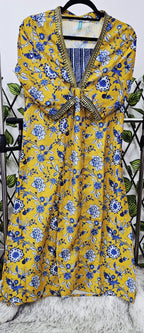 Mustard & Indigo Floral Print Cotton Kurta with Dupatta Set