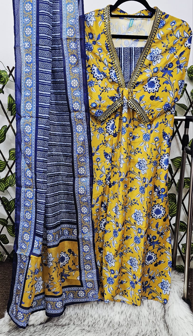 Mustard & Indigo Floral Print Cotton Kurta with Dupatta Set
