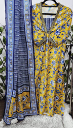Mustard & Indigo Floral Print Cotton Kurta with Dupatta Set